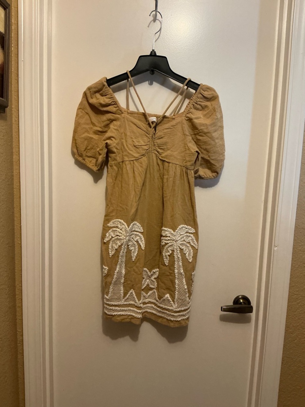 Mustard Puff Sleeve Embroidered Palm Dress - Women